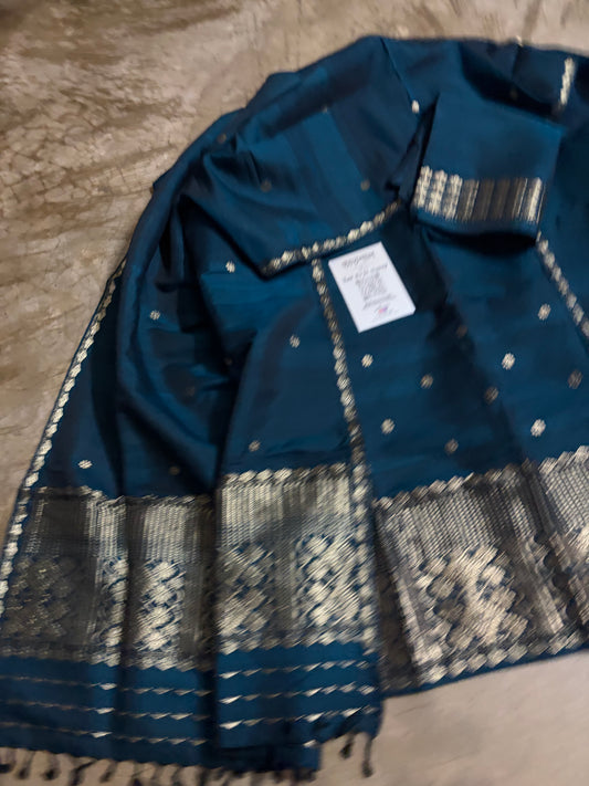 Dark Peacock Blue Kesapaat Cotton with Antique Guna design - Tathal Clothing
