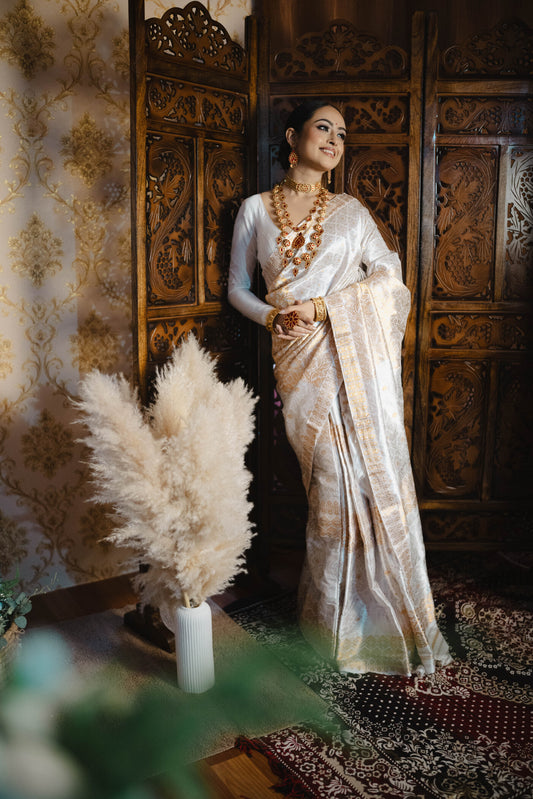 Bridal White Pure Mulberry With Golden and Silver Guna design with Riha - Tathal Clothing