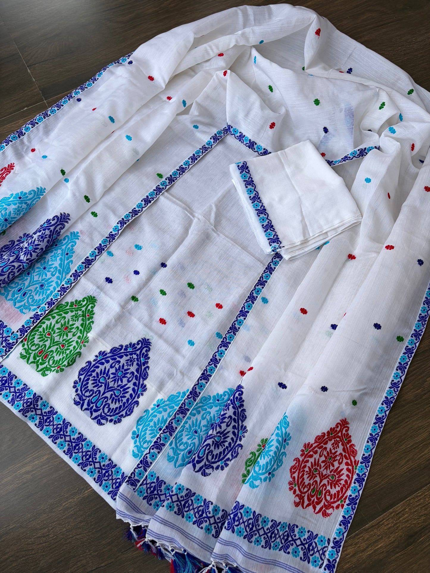 Pure Kesapaat Cotton Mekhela Sador in White and Multicoloured Design - Tathal Clothing