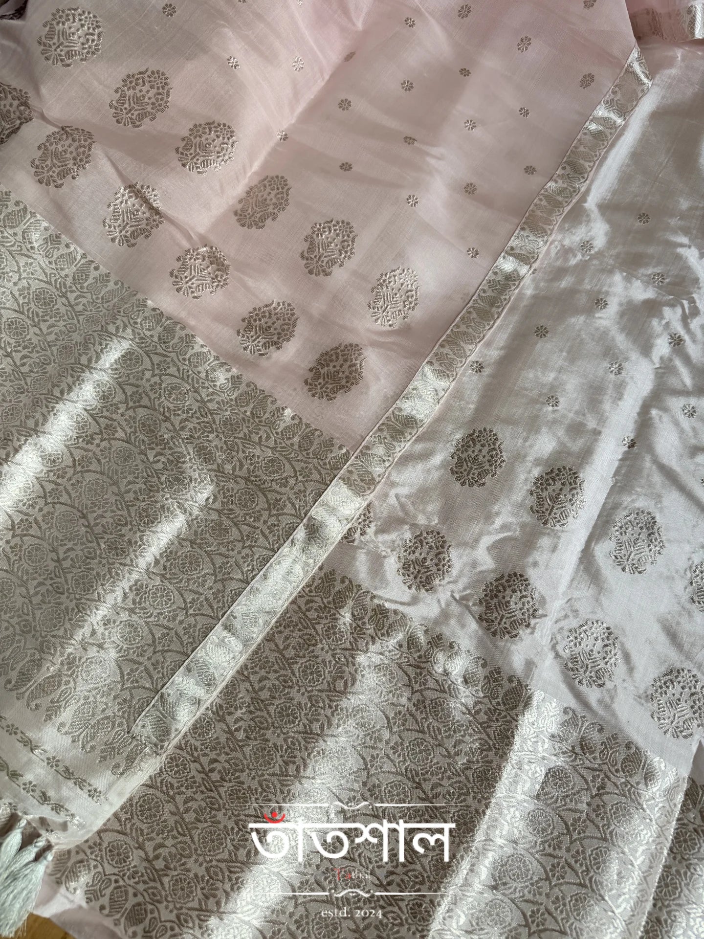 Powdered Pink Pure Raw Silk Sador and Pure Mulberry Silk Mekhela with Blouse- Tathal Clothing