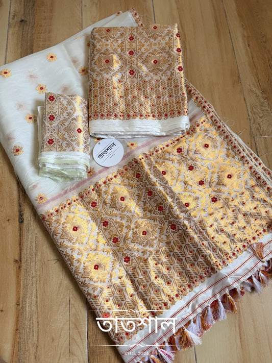 White Pure Raw Silk (Kesapaat) Sador & Mulberry Silk (Pure Paat) Mekhela and Heavy Blouse - Tathal Clothing