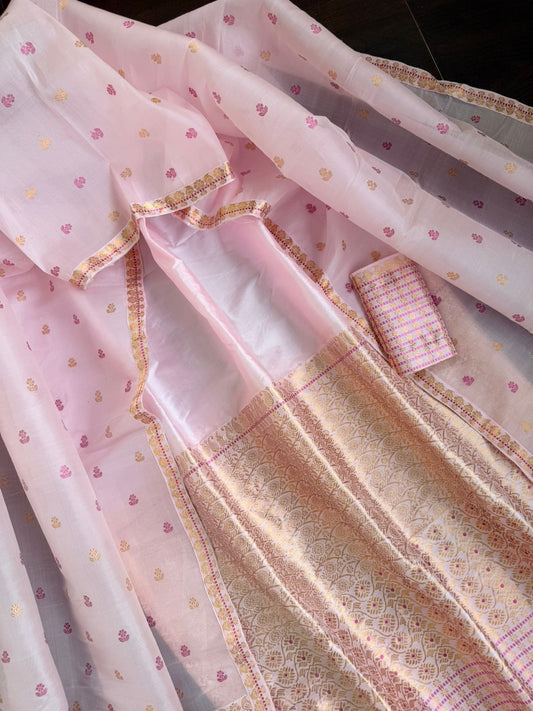 Baby Pink Pure Raw Silk Sador and Mulberry Silk Mekhela with Blouse - Tathal Clothing