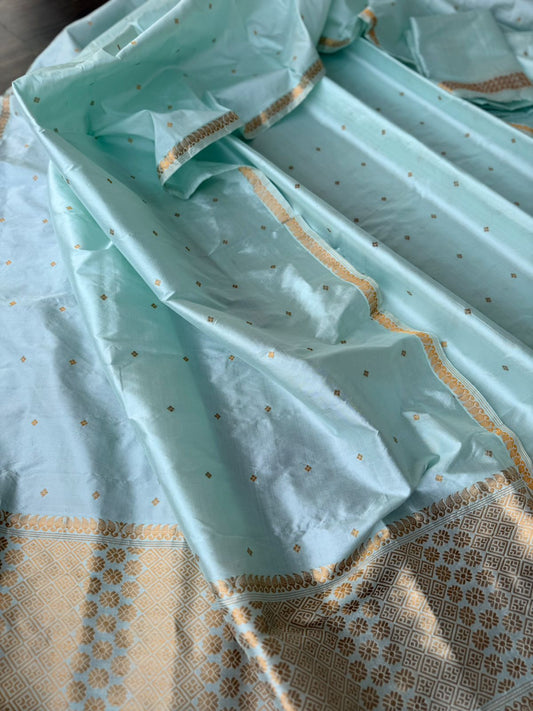 Mint Green Mulberry Silk Mekhela Sador with Golden Zari