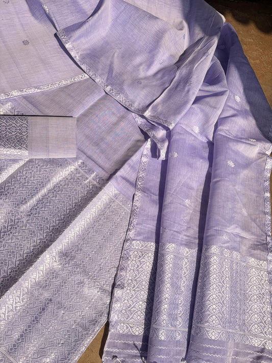 Lavender Kesapaat Cotton Mekhela Sador with White Thread Work Design – Tathal Clothing