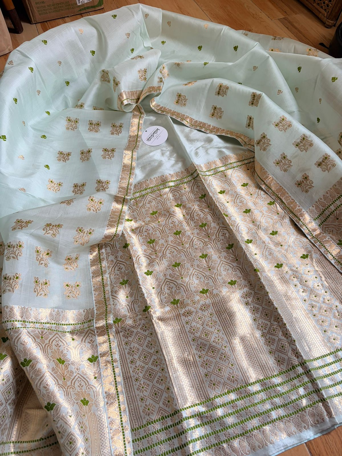 Mint Green Pure Raw Silk (Kesapaat) & Mulberry Silk Mekhela Sador with Blouse - Assamese Handloom Bridal Wear - TATHAL CLOTHING