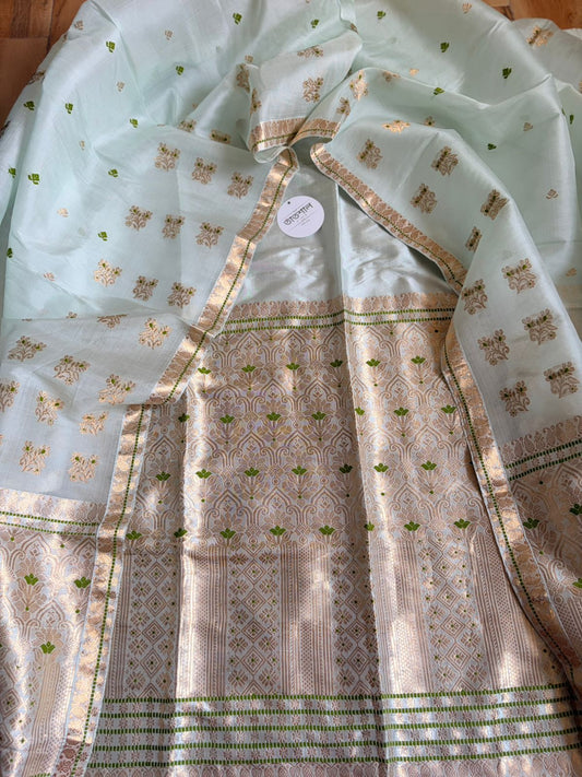 Mint Green Pure Raw Silk (Kesapaat) & Mulberry Silk Mekhela Sador with Blouse - Assamese Handloom Bridal Wear - TATHAL CLOTHING