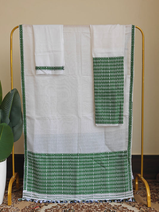 Nooni Cotton Mekhela Sador in White and Green Design Ready to Wear - Tathal Clothing