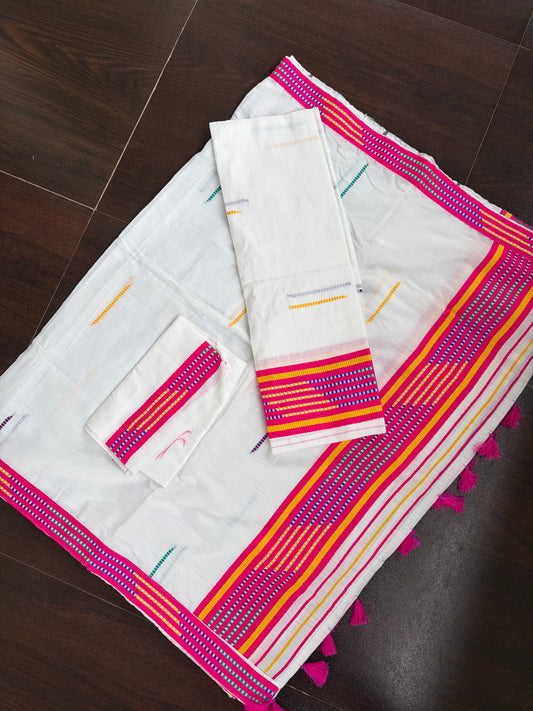 Kes Bosa Design Cotton Ready Set for Women in Pink and Yellow  Mekhela Sador - Tathal Clothing