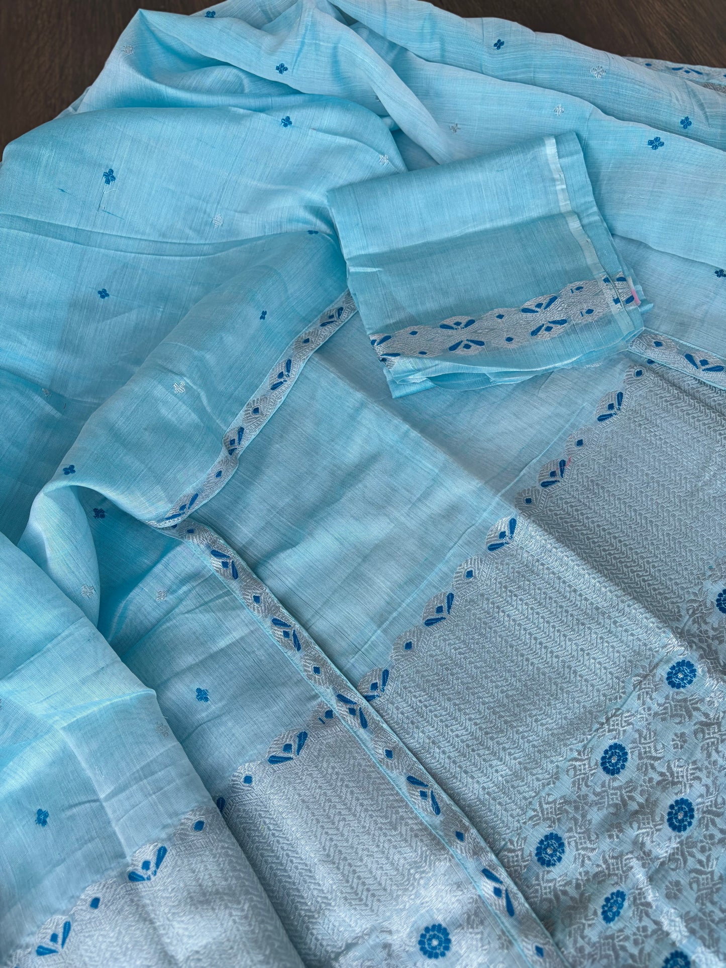 Pastel Blue with Silver Zari (Guna) Vegan Silk by Kesapaat Mekhela Sador - Tathal Clothing