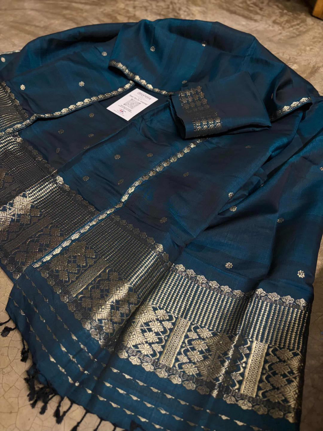 Dark Peacock Blue Kesapaat Cotton with Antique Guna design - Tathal Clothing