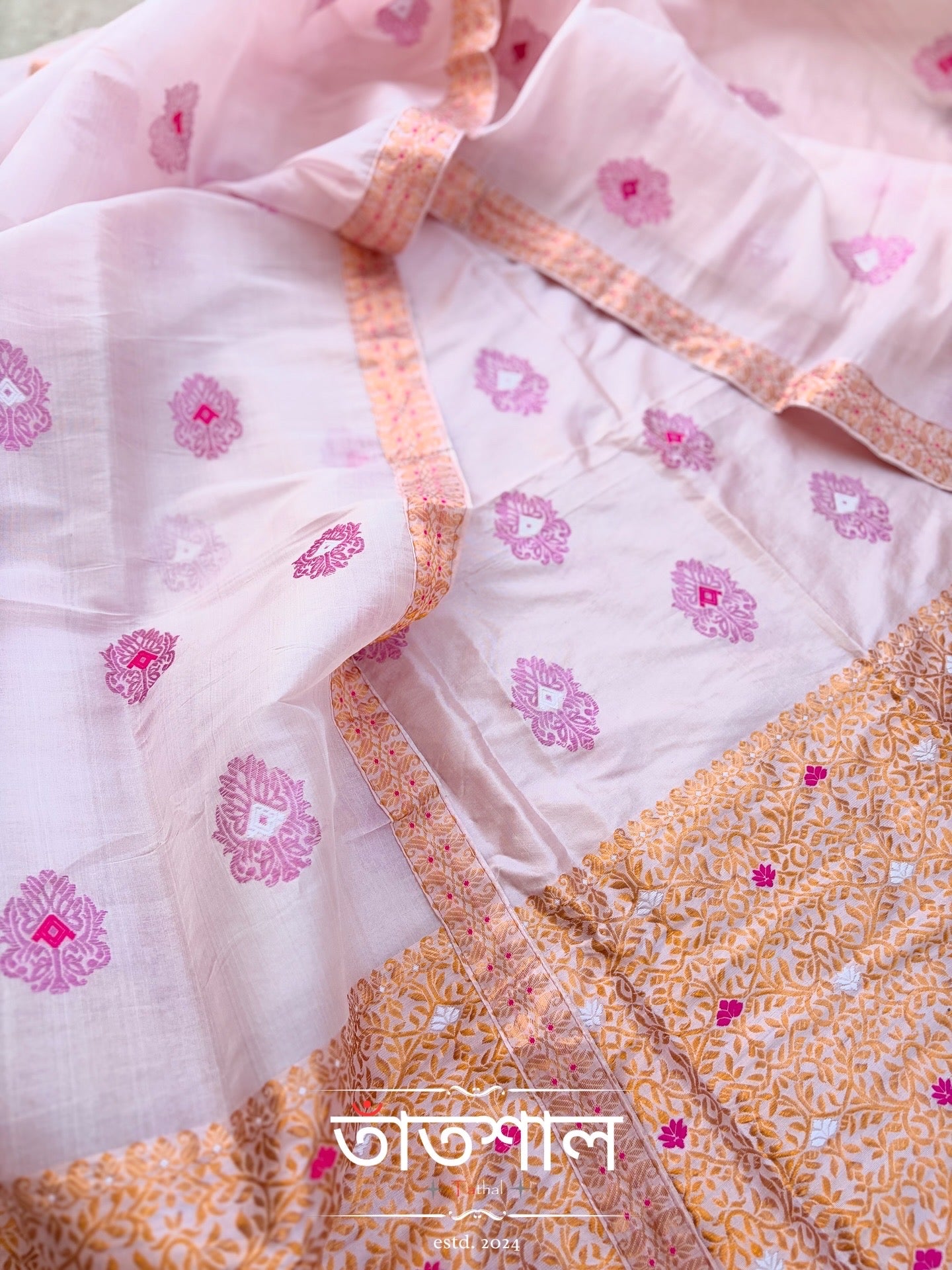 Baby Pink Pure Raw Silk Sador and Pure Mulberry Silk Mekhela with Blouse - Tathal Clothing
