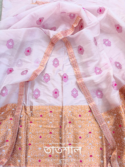 Baby Pink Pure Raw Silk Sador and Pure Mulberry Silk Mekhela with Blouse - Tathal Clothing