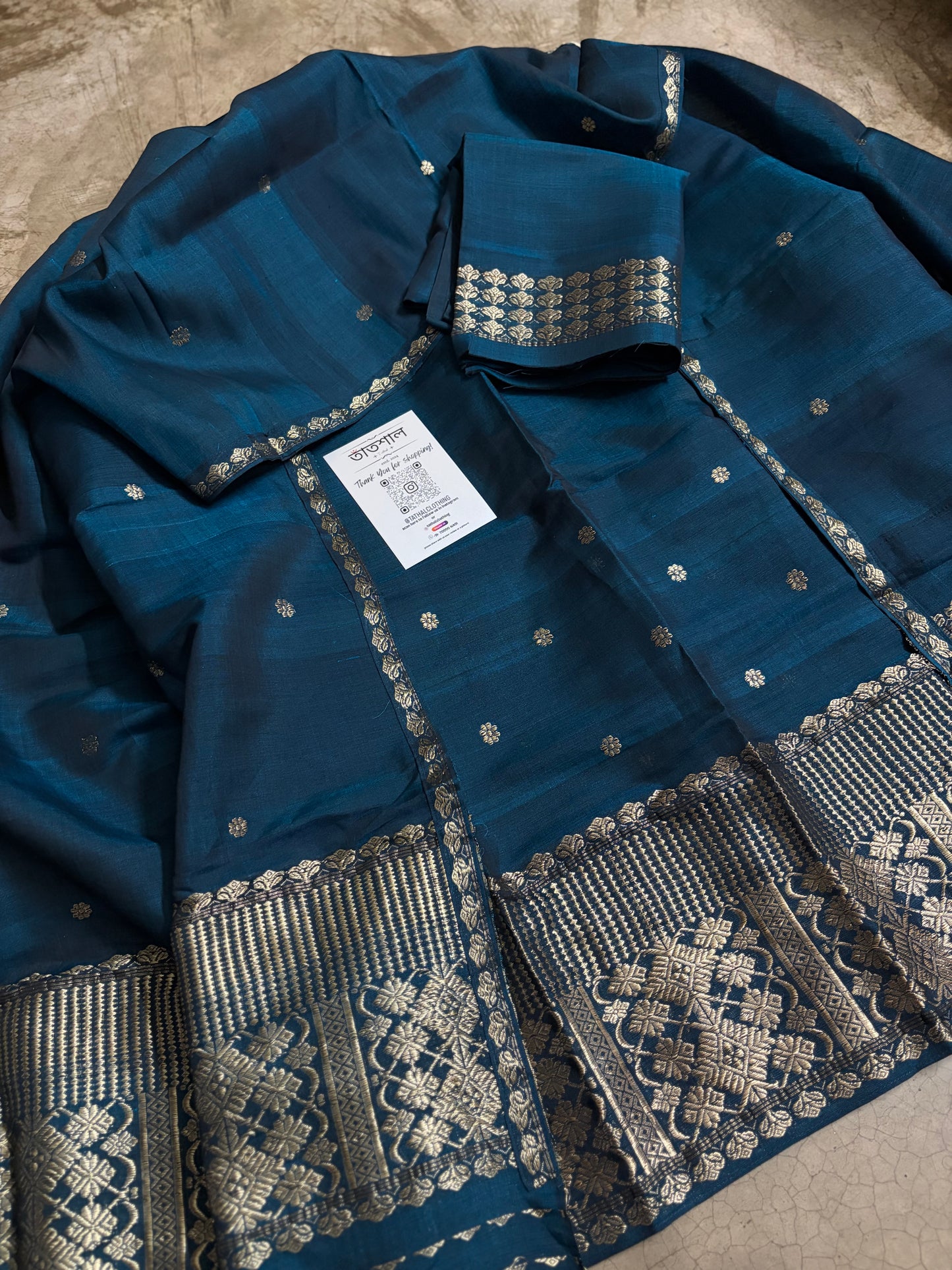 Dark Peacock Blue Kesapaat Cotton with Antique Guna design - Tathal Clothing