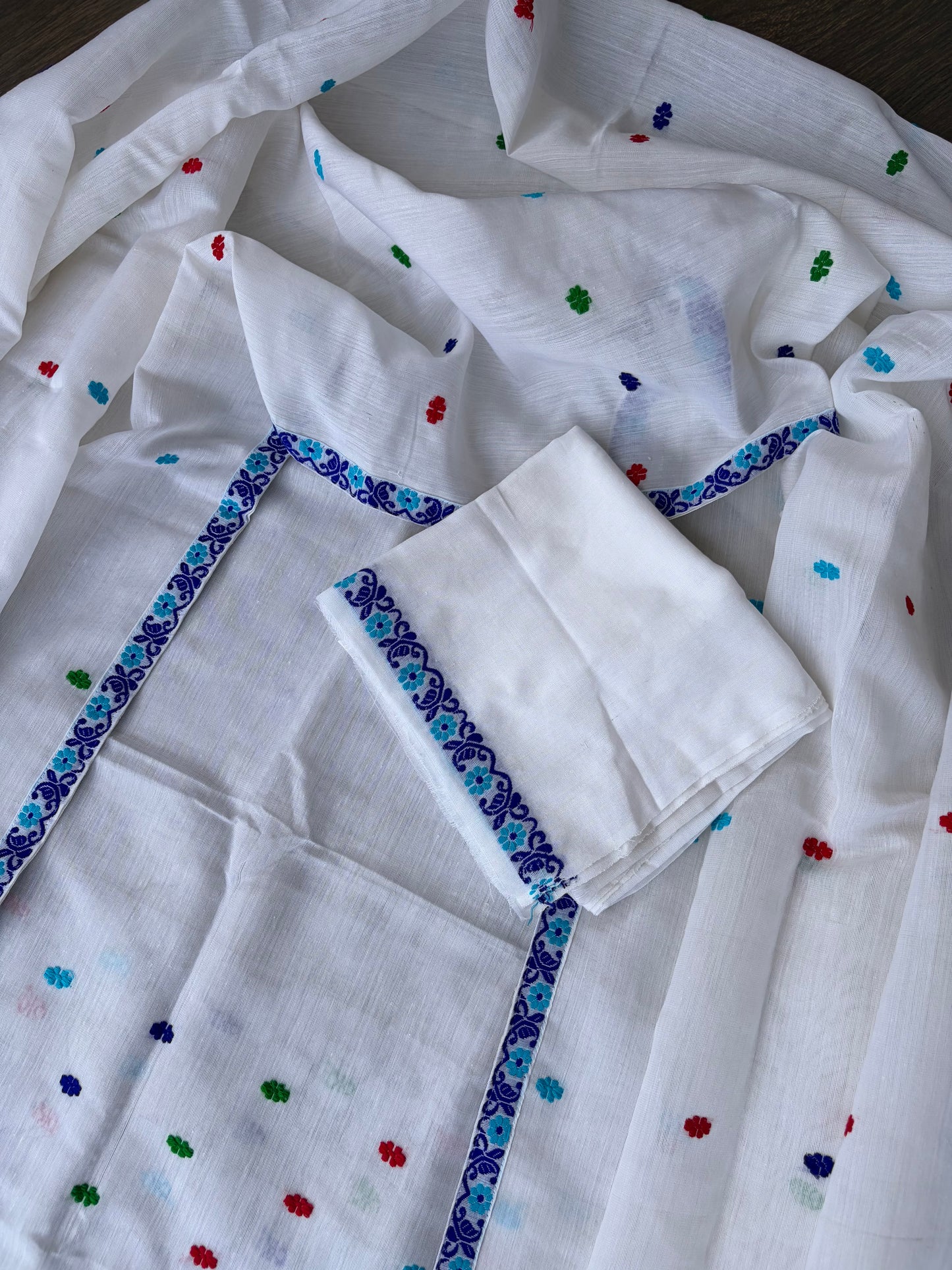 Pure Kesapaat Cotton Mekhela Sador in White and Multicoloured Design - Tathal Clothing