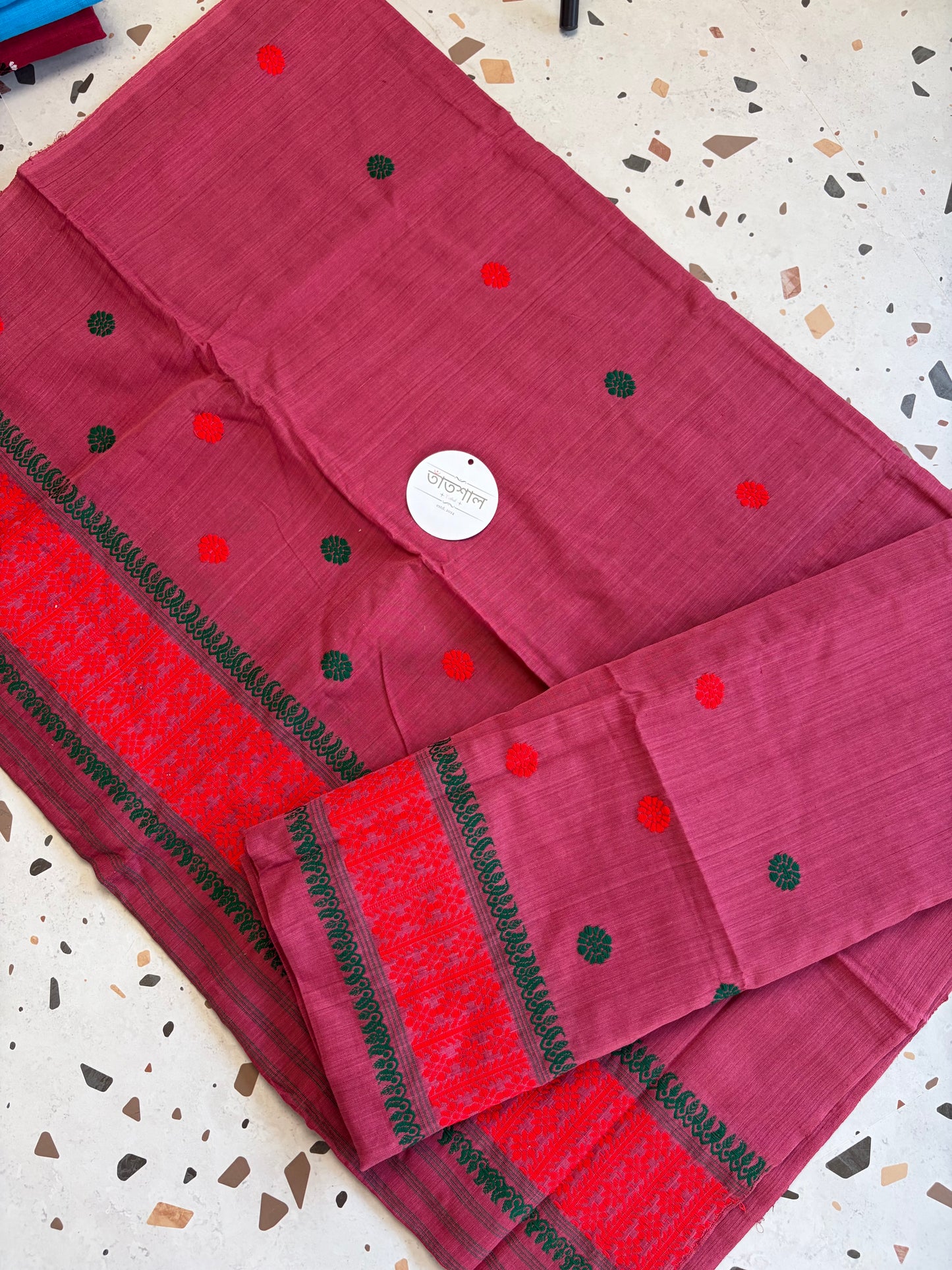 Pure Cotton Mekhela Sador - Soft Daily Wear (Maroon with Green and Red Design)