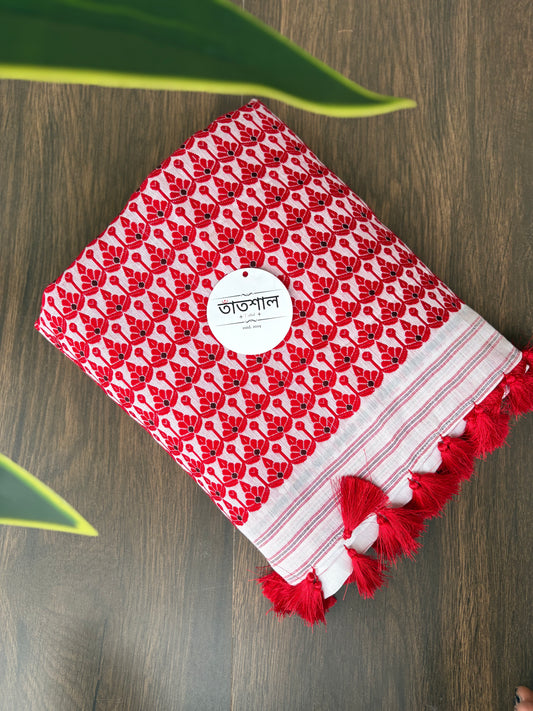 Nooni Cotton Mekhela Sador in White and Red design Ready to Wear - Tathal Clothing