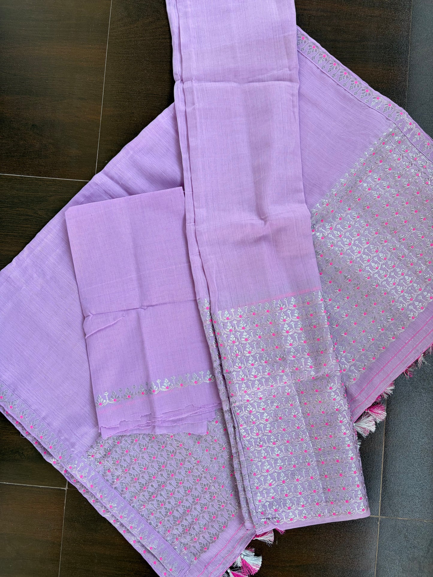 Nooni Cotton Mekhela Sador in Baby Pink and Silver Guna Ready to Wear - Tathal Clothing