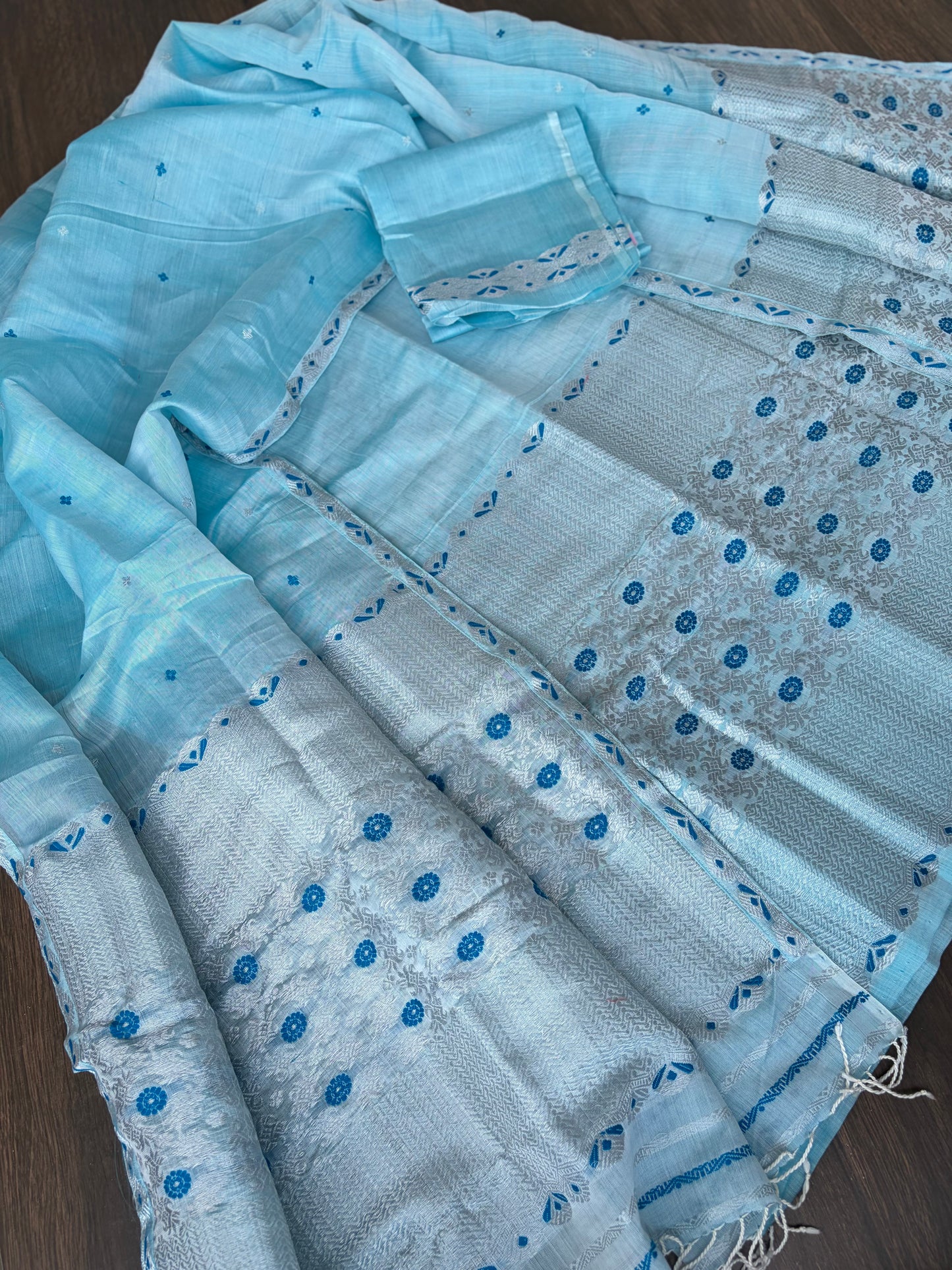 Pastel Blue with Silver Zari (Guna) Vegan Silk by Kesapaat Mekhela Sador - Tathal Clothing