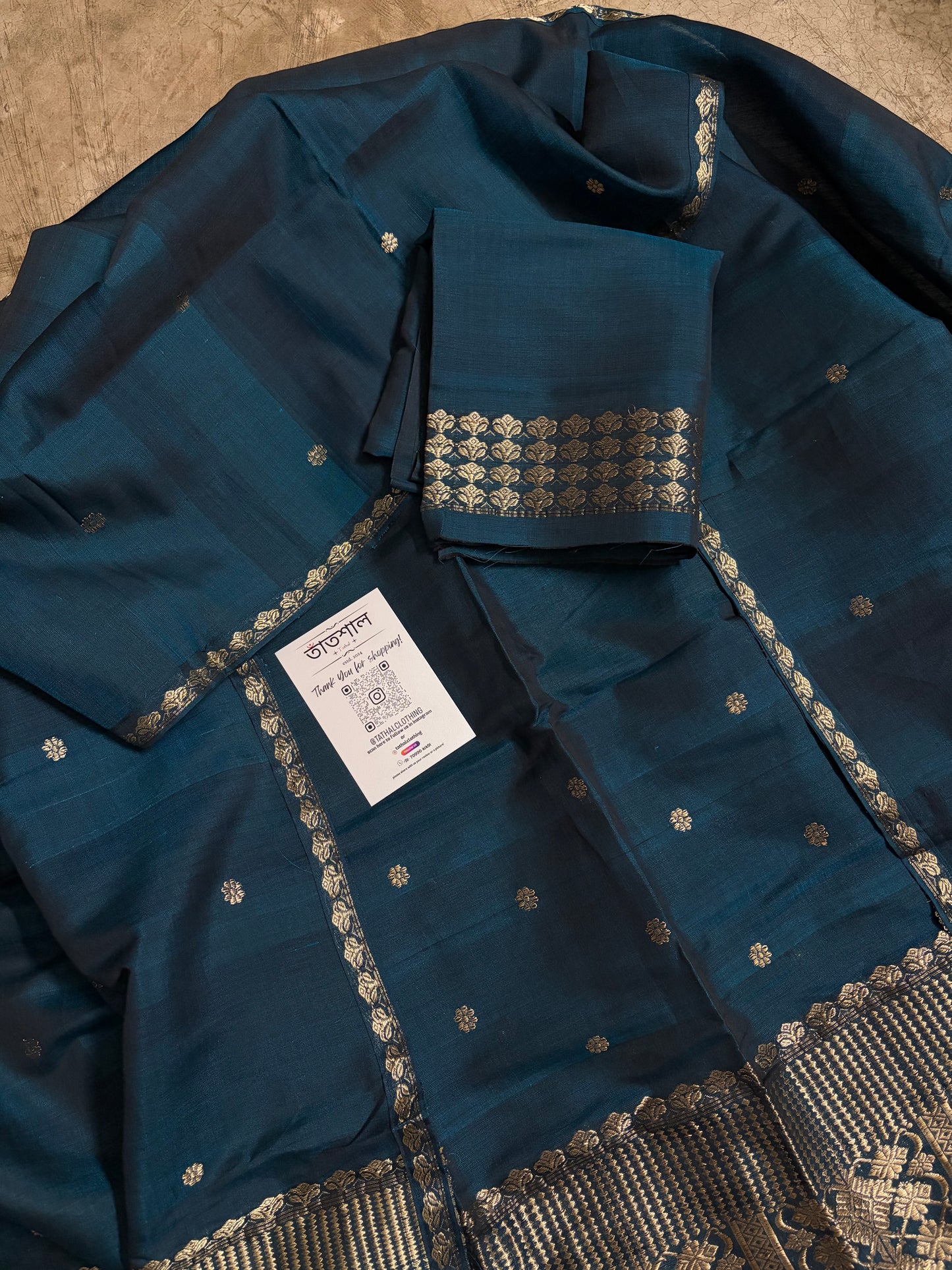 Dark Peacock Blue Kesapaat Cotton with Antique Guna design - Tathal Clothing