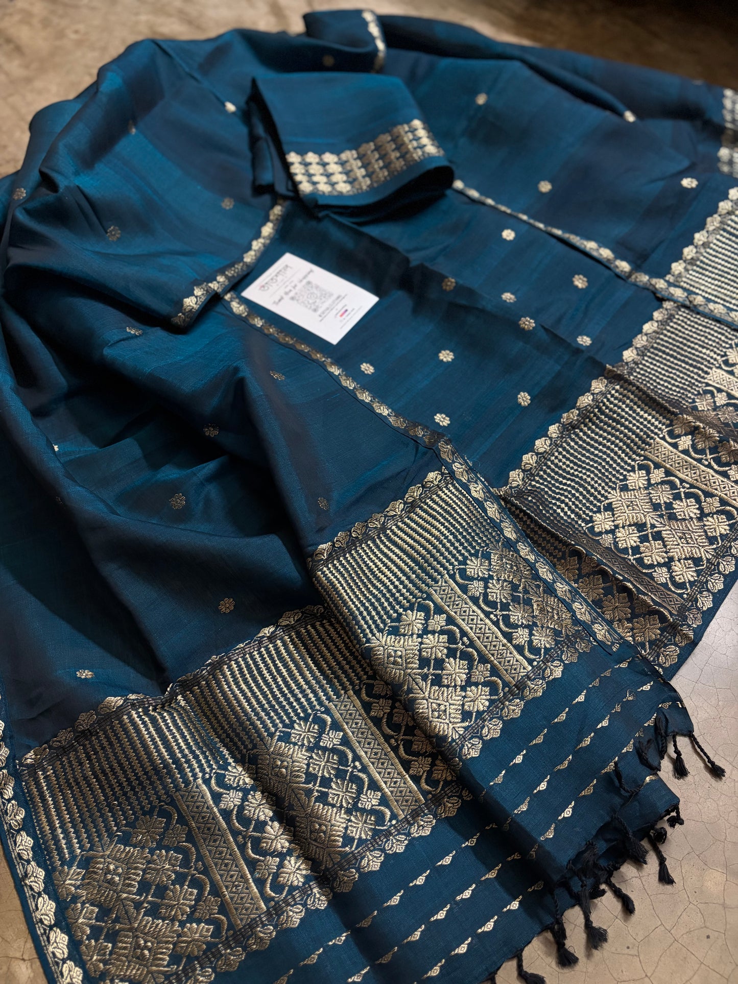 Dark Peacock Blue Kesapaat Cotton with Antique Guna design - Tathal Clothing