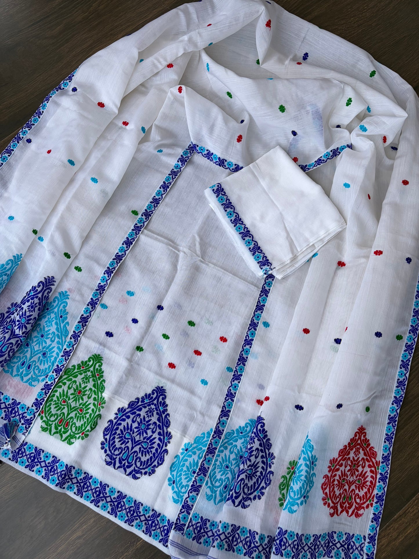 Pure Kesapaat Cotton Mekhela Sador in White and Multicoloured Design - Tathal Clothing