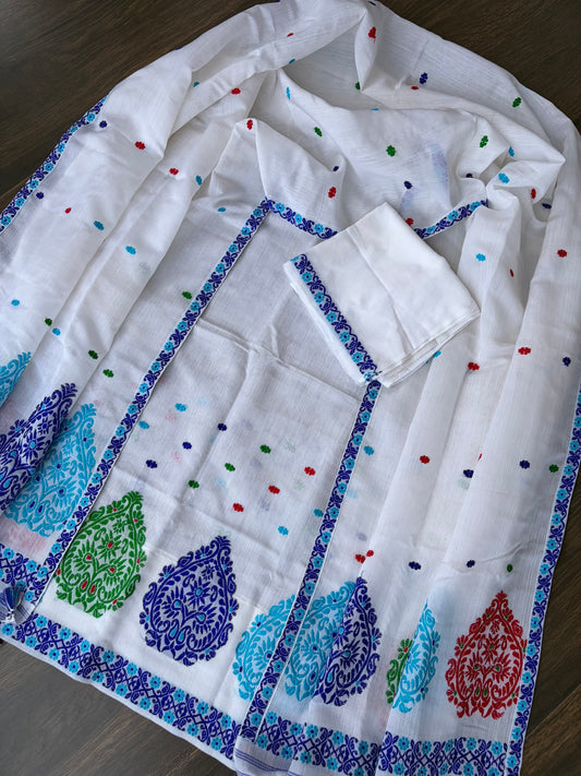 Pure Kesapaat Cotton Mekhela Sador in White and Multicoloured Design - Tathal Clothing