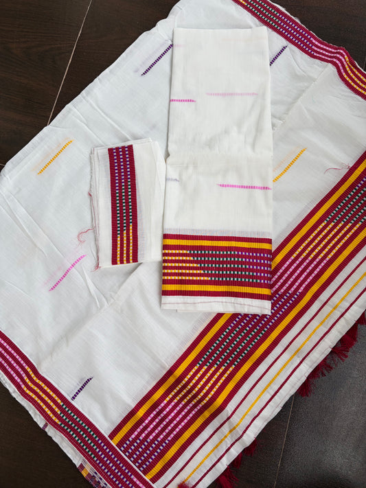 Kes Bosa Design Cotton Ready Set for Women in Magenta and Yellow  Mekhela Sador - Tathal Clothing
