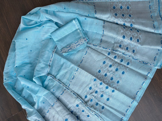 Pastel Blue with Silver Zari (Guna) Vegan Silk by Kesapaat Mekhela Sador - Tathal Clothing