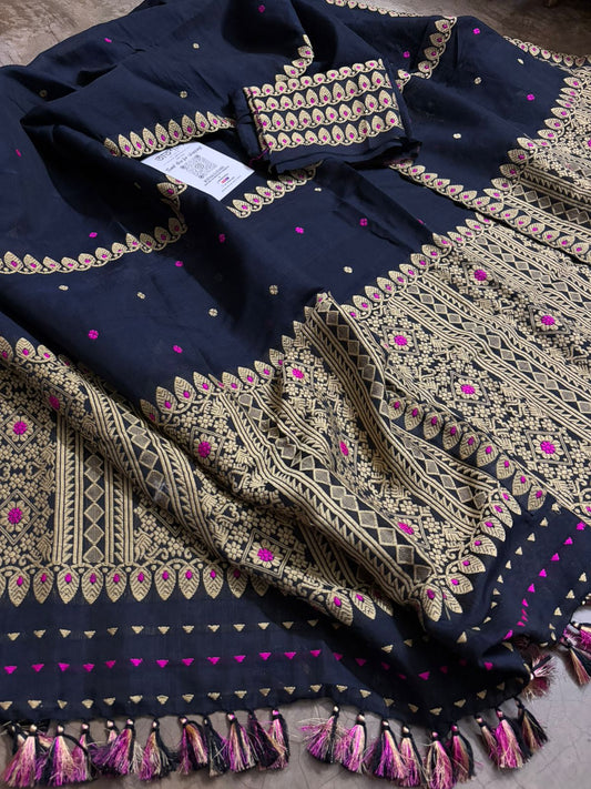 Black Kesapaat Cotton Mekhela Sador with Beige Thread Work and Pink Minakari Design – Tathal Clothing