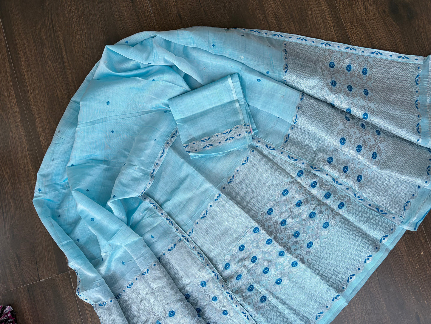 Pastel Blue with Silver Zari (Guna) Vegan Silk by Kesapaat Mekhela Sador - Tathal Clothing
