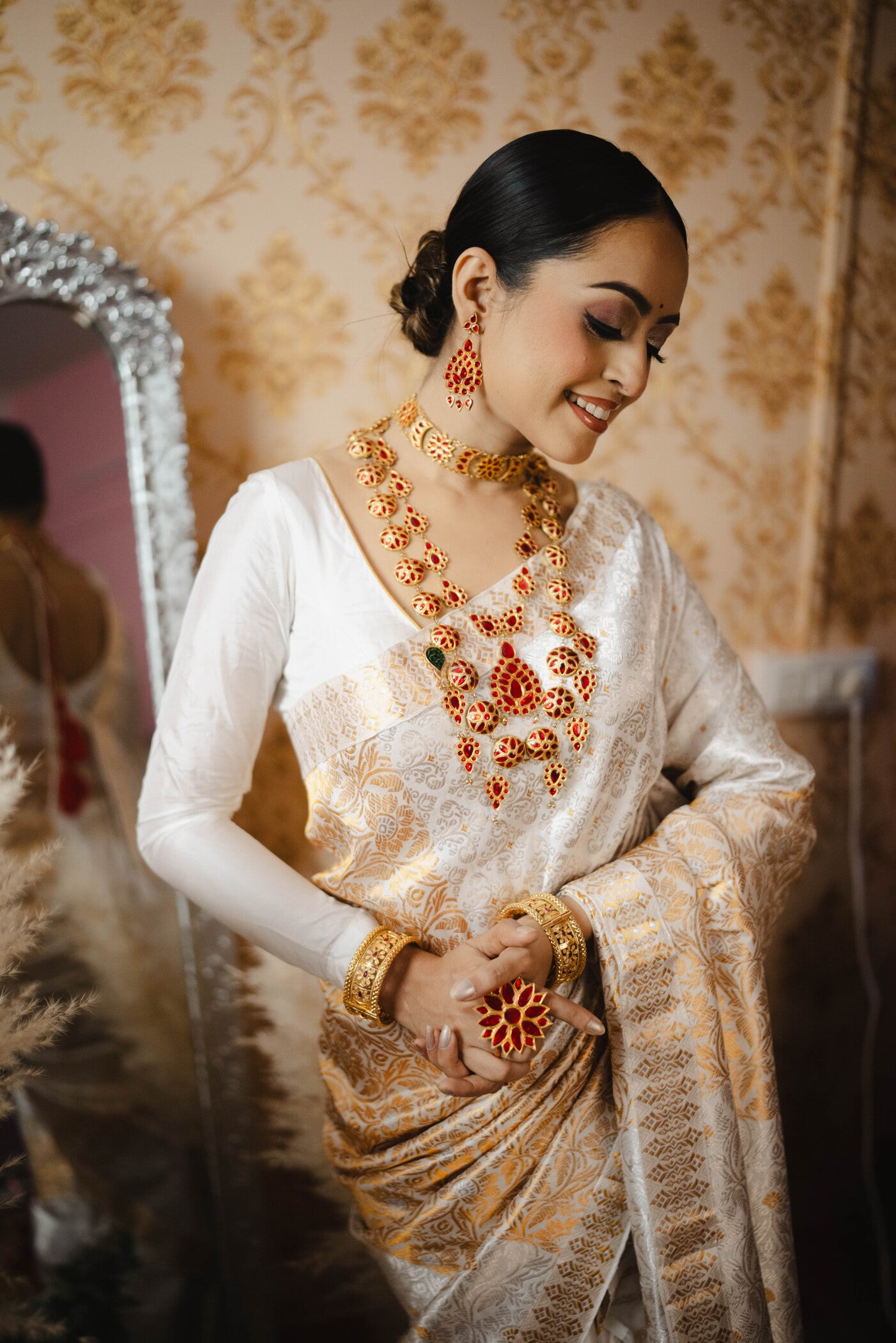 Bridal White Pure Mulberry With Golden and Silver Guna design with Riha - Tathal Clothing