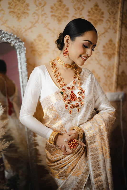 Bridal White Pure Mulberry With Golden and Silver Guna design with Riha - Tathal Clothing