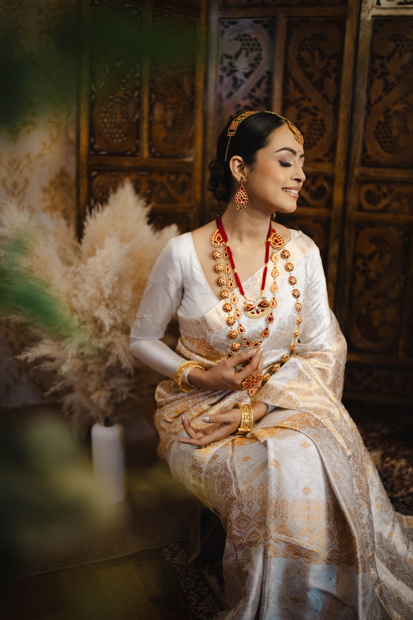 Bridal White Pure Mulberry With Golden and Silver Guna design with Riha - Tathal Clothing