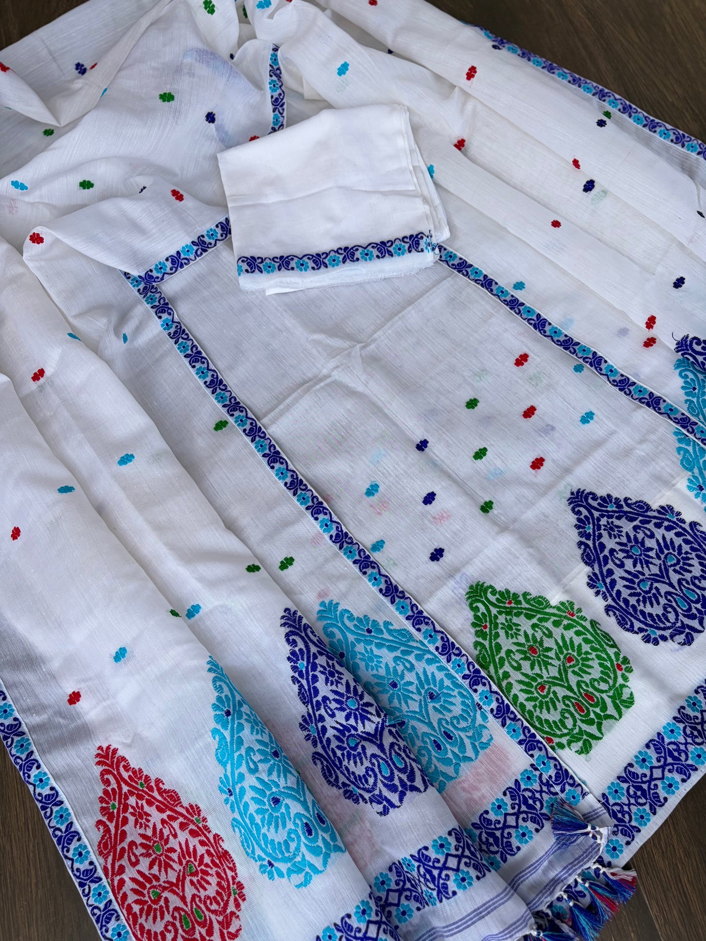 Pure Kesapaat Cotton Mekhela Sador in White and Multicoloured Design - Tathal Clothing