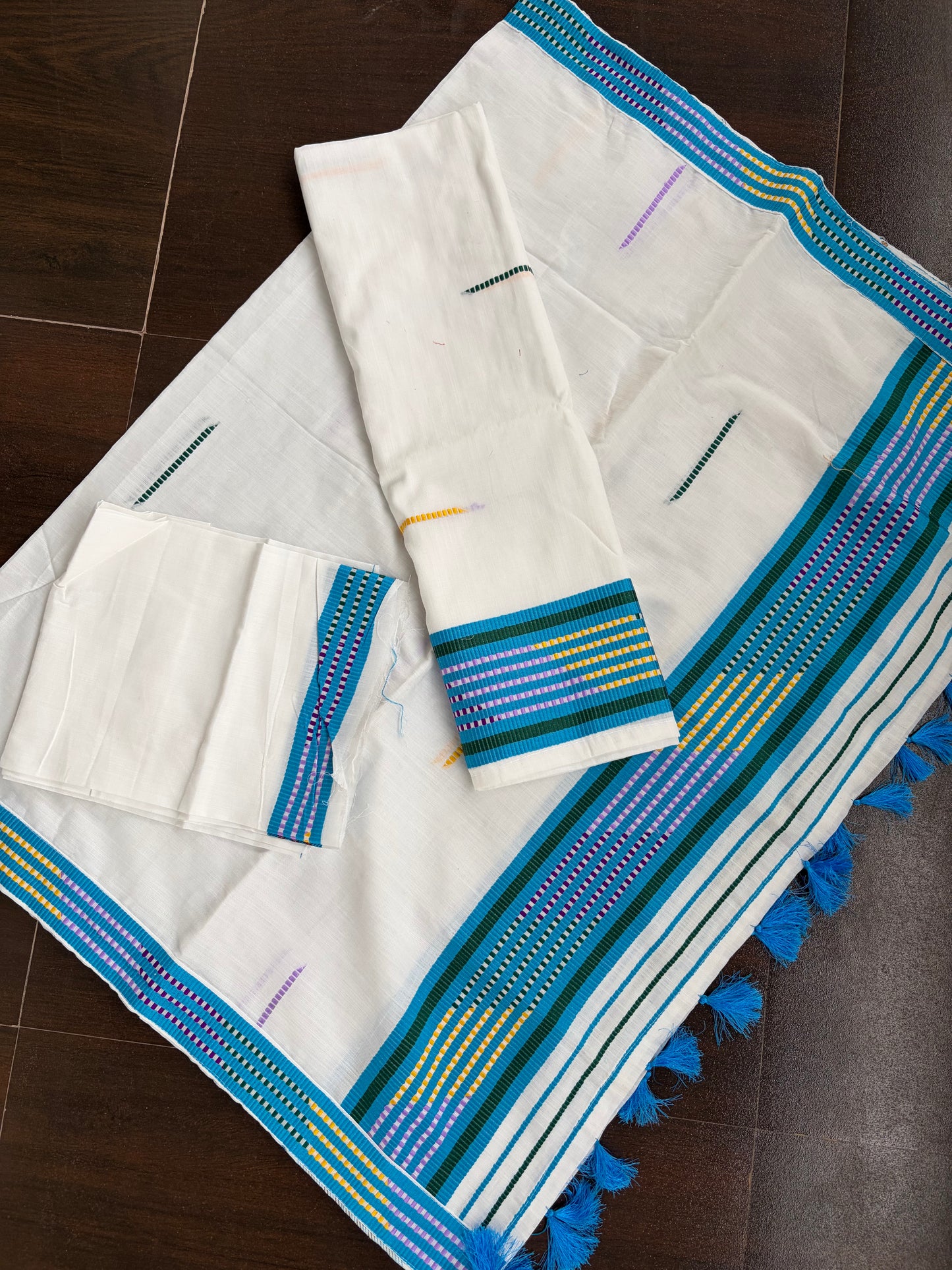 Kes Bosa Design Cotton Ready Set for Women in Blue  Mekhela Sador - Tathal Clothing