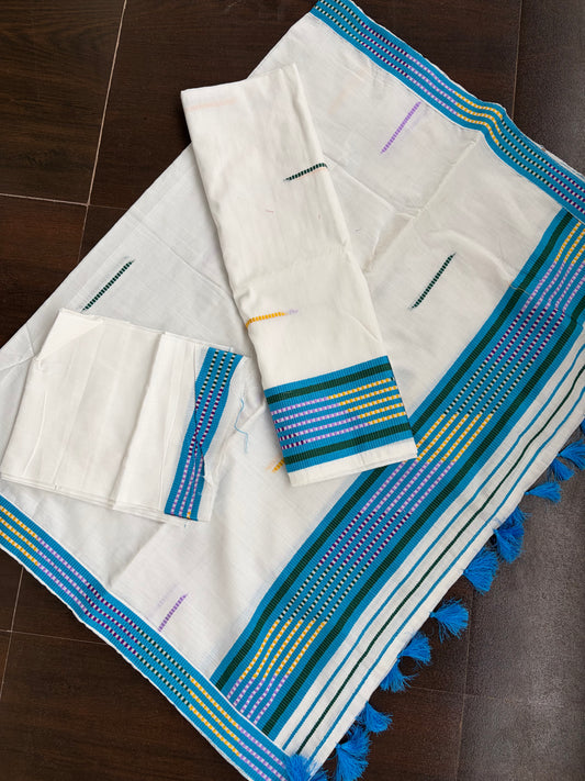 Kes Bosa Design Cotton Ready Set for Women in Blue  Mekhela Sador - Tathal Clothing