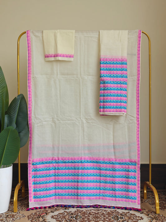Off White Nooni Cotton Ready-to-Wear Mekhela Sador  Set - Tathal Clothing