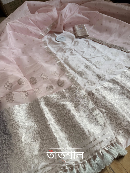 Powdered Pink Pure Raw Silk Sador and Pure Mulberry Silk Mekhela with Blouse- Tathal Clothing