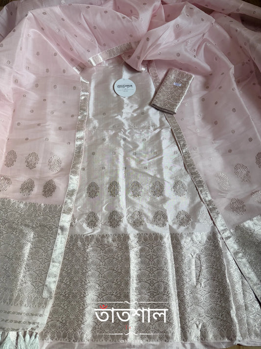 Powdered Pink Pure Raw Silk Sador and Pure Mulberry Silk Mekhela with Blouse- Tathal Clothing