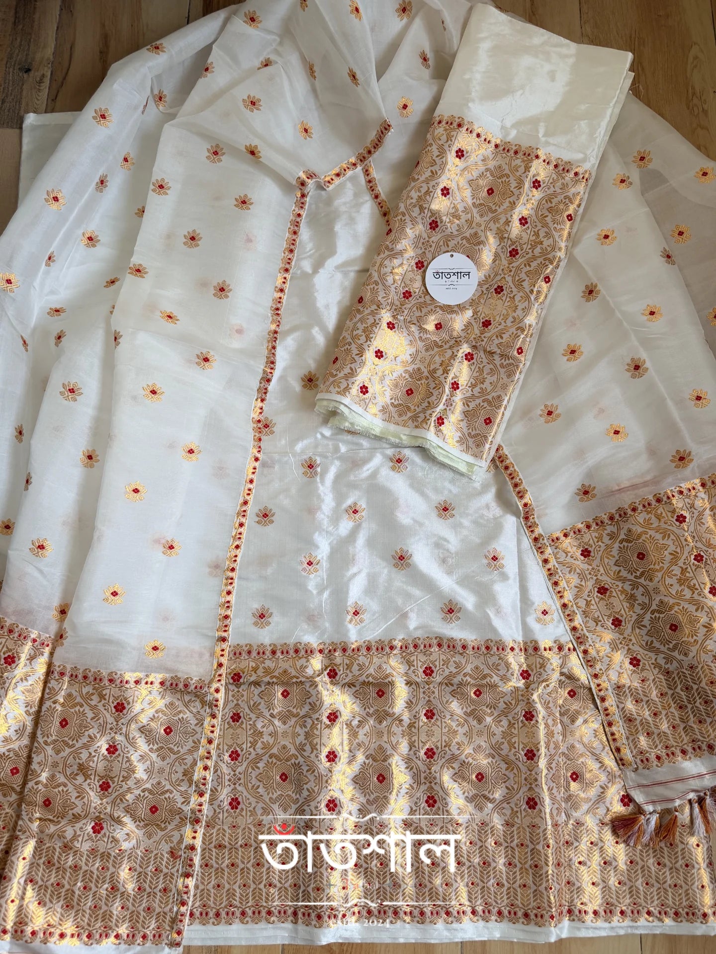 White Pure Raw Silk (Kesapaat) Sador & Mulberry Silk (Pure Paat) Mekhela and Heavy Blouse - Tathal Clothing
