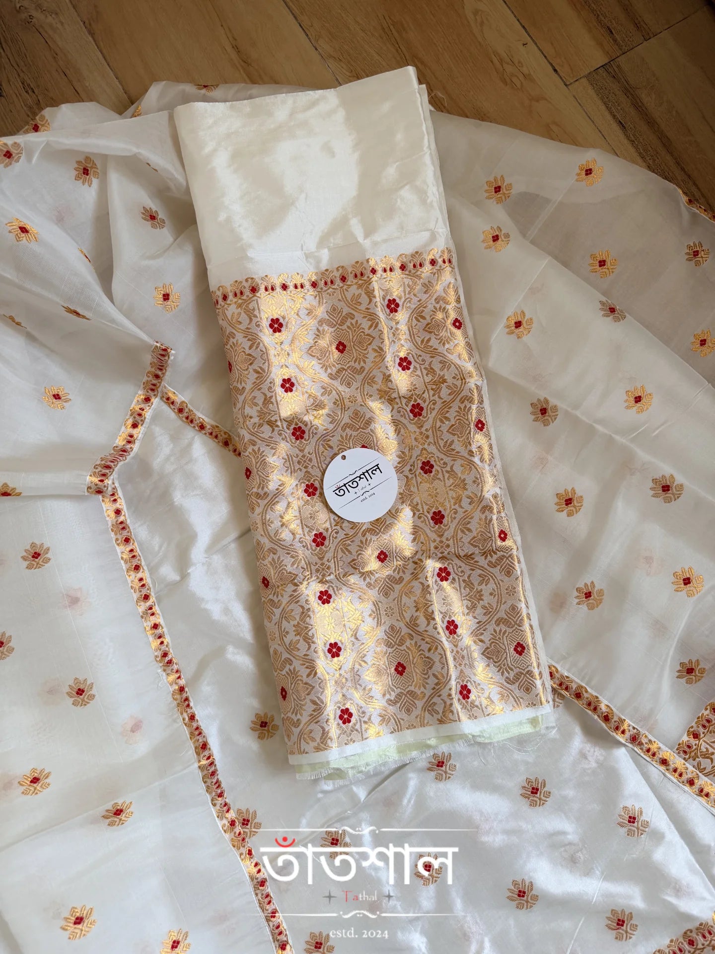 White Pure Raw Silk (Kesapaat) Sador & Mulberry Silk (Pure Paat) Mekhela and Heavy Blouse - Tathal Clothing