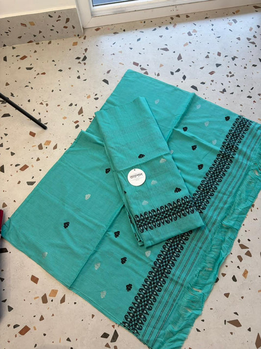 Pure Cotton Mekhela Sador - Soft Daily Wear ( Green and Black)