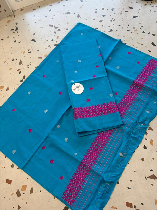Pure Cotton Mekhela Sador - Soft Daily Wear (Blue and Pink)