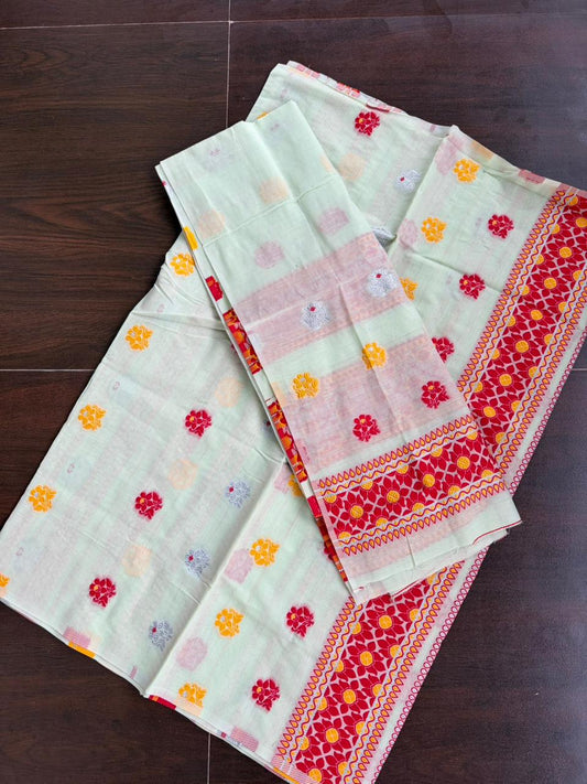 Mint Green Cotton Mekhela Sador with Floral Design – Soft Daily Wear