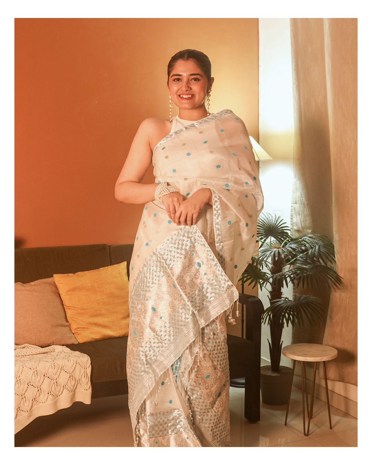 White Pure Raw Silk Sador (Kesapaat) and Pure Mulberry Silk (Paat) Mekhela and Blouse - Tathal Clothing