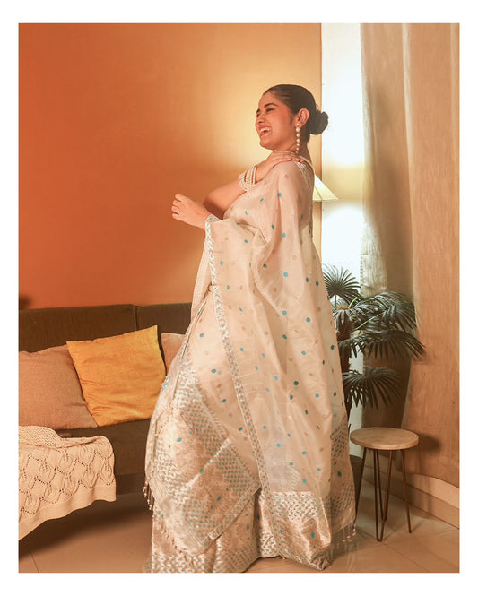 White Pure Raw Silk Sador (Kesapaat) and Pure Mulberry Silk (Paat) Mekhela and Blouse - Tathal Clothing