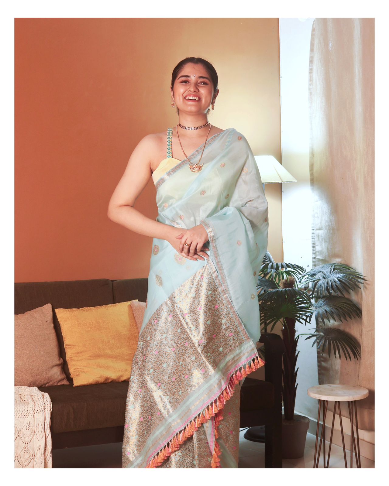 Pastel Blue Pure Raw Silk Sador and Mulberry Silk Mekhela with Blouse - Tathal Clothing