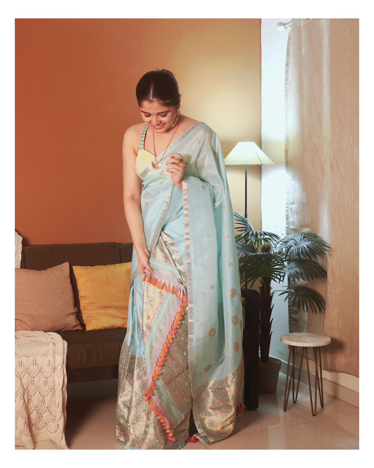 Pastel Blue Pure Raw Silk Sador and Mulberry Silk Mekhela with Blouse - Tathal Clothing