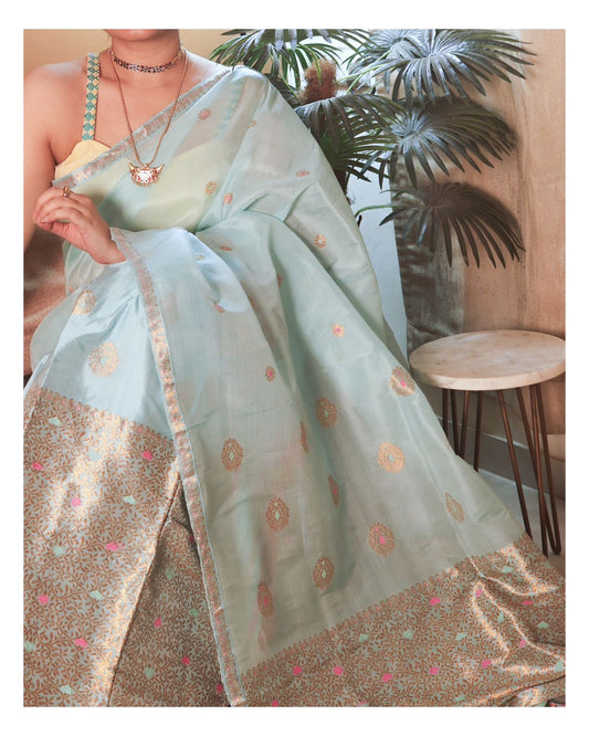 Pastel Blue Pure Raw Silk Sador and Mulberry Silk Mekhela with Blouse - Tathal Clothing