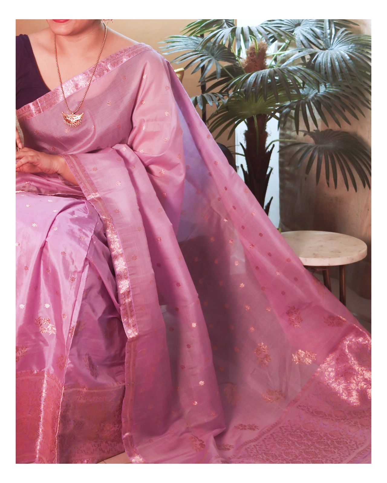 Lavender Pure Raw Silk Sador (Kesapaat) and Pure Mulberry Silk (Paat) Mekhela and Blouse - Tathal Clothing